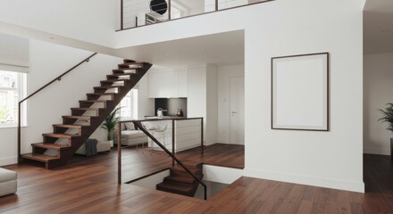 Modern Staircase and Interior: A contemporary interior showcases a sleek wooden staircase leading upwards, with a minimalistic design, inviting you to a sense of elevation and modern living.