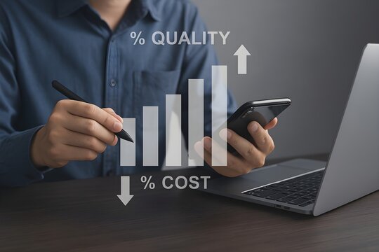 A man reviews data on a phone and laptop, showing quality increasing and cost decreasing.