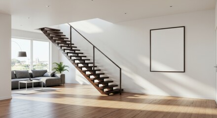 Modern Interior Staircase: A spacious and bright interior features a modern staircase, blending architectural design with natural light, creating a sense of openness and elegance.