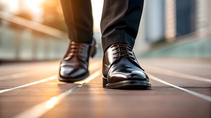 Fototapeta premium Close-up of Polished Black Leather Shoes Walking on City Street