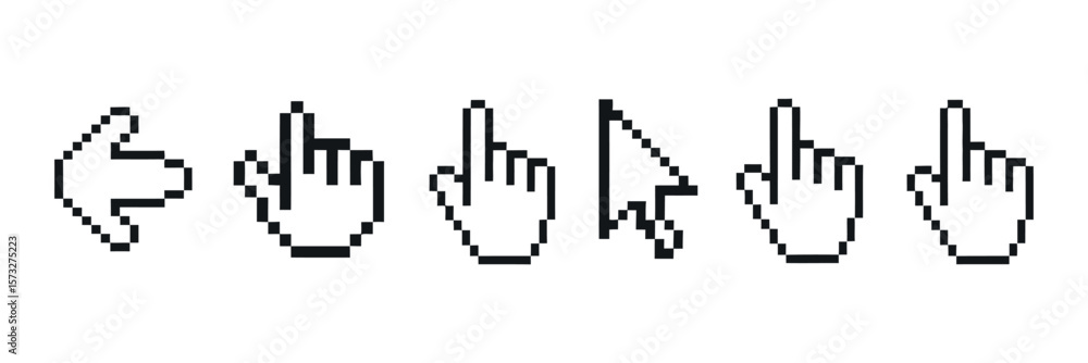 Poster collection of pixelated cursor icons including a left arrow pointing fingers and a diagonal arrow on