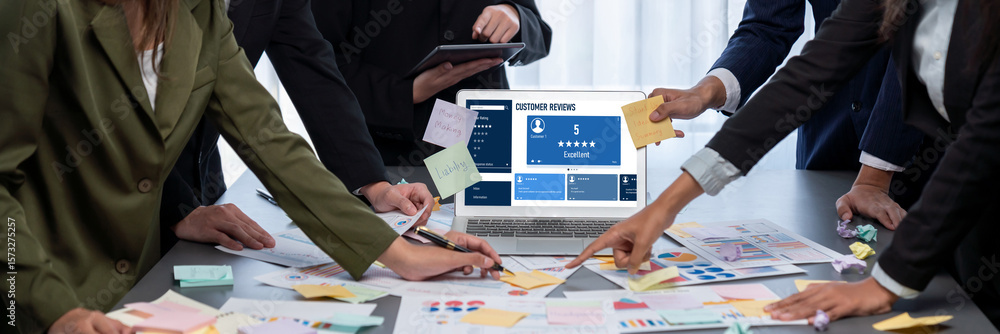 Poster analyst team use sticky note for creative and analytic brainstorm for business idea with bi data das