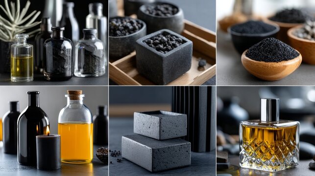 Minimalist spa composition with black stones oils and fragrance bottles for relaxation wellness therapy products - Powered by Adobe
