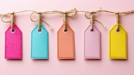 Colorful tags hang from twine against a pastel backdrop