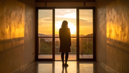 Obraz premium Woman gazing at sunset through large windows