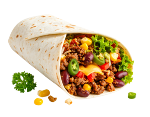  Overstuffed Tex-Mex Burrito Bursting with Ingredients, cutaway view, transparent PNG