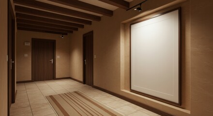 Elegant Hallway: A beautifully lit interior hallway with a modern design. Beige tones, wooden beams, and a neutral rug create a warm and inviting atmosphere, ideal for interior design concepts.