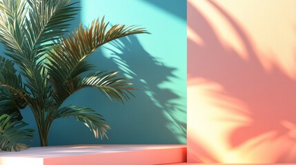 Tropical leaves and sun shadows on colorful pastel wall background for summer vacation concept and creative photography