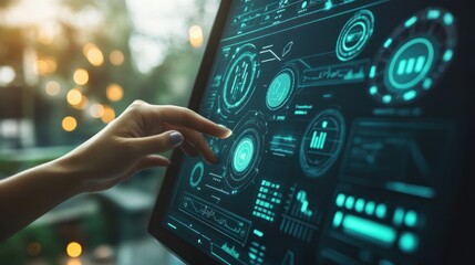 Hand touching a futuristic interactive screen