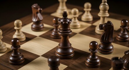 A chessboard with various pieces in a strategic game position, focusing on a central dark-colored king.