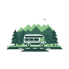Obraz premium White retro bus travels along the asphalt road toward the forest mountains