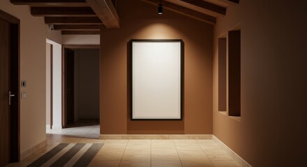 Empty Gallery: A captivating gallery space bathed in warm, inviting light, featuring an empty frame awaiting artwork, inviting viewers to imagine the possibilities.