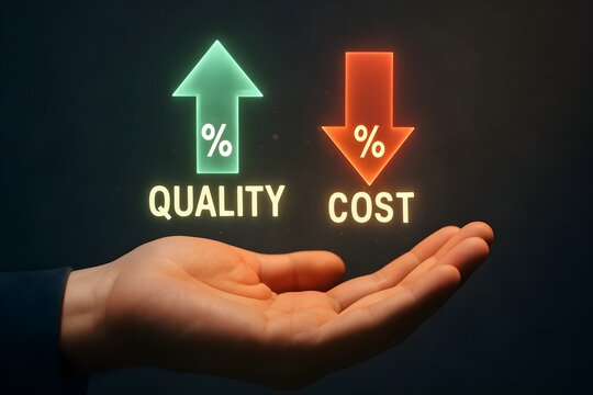 A hand displays upward and downward arrows symbolizing the inverse relationship between quality and cost.