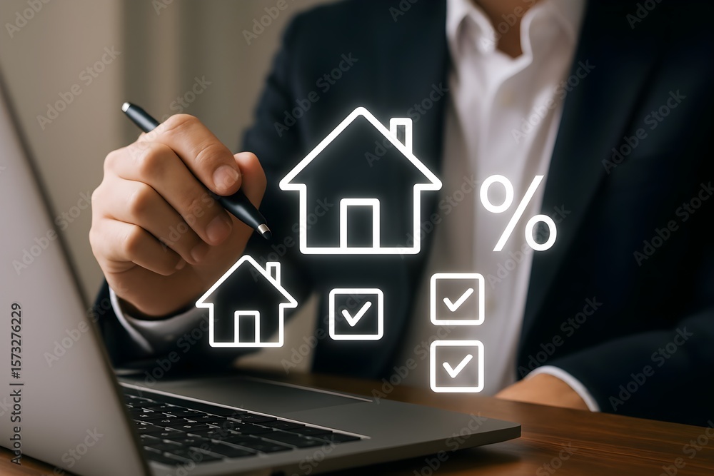 Poster a man in a suit uses a pen to point at virtual home icons and checkboxes displayed on a laptop scree