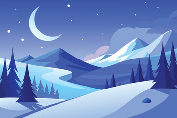 Fototapeta premium A crescent moon illuminates a serene winter landscape with snowcovered mountains and tall pines