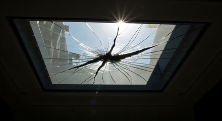 Sunlit sky visible through a shattered skylight, showcasing a large crack radiating from the center.