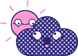 comic book style cartoon of a storm cloud and sun in bright neon color