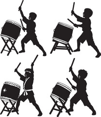 Boy Playing Taiko Drum Japanese Instrument silhouette