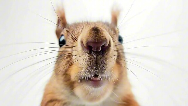 nose of the squirrel sniffing the camera lense, white background