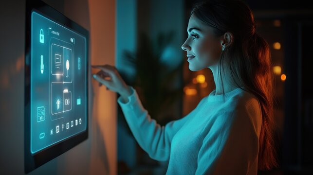 Woman interacting with a smart home system at night