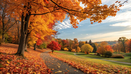 Fototapeta premium Beautiful autumn landscape with. Colorful foliage in the park. Falling leaves natural background.