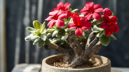 desert rose plant with red blossoms in arid pot