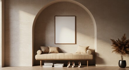 Cozy Nook in Neutral Tones: A tranquil space with a neutral color palette, featuring an arched alcove, a comfortable bench with pillows, and a framed artwork, bathed in soft sunlight.