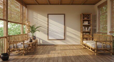 Bamboo Veranda Serenity: Sunlight streams into a tranquil bamboo veranda, furnished with comfortable seating and a minimalist aesthetic, showcasing a serene and peaceful atmosphere.  