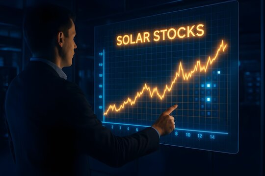 A businessman analyzes a rising graph of solar stocks on a futuristic screen. The scene is dark, with glowing orange and blue accents.
