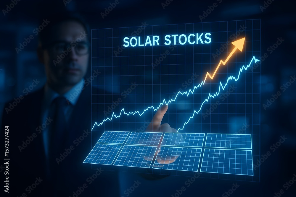 Poster a businessman interacts with a digital display showing a rising graph representing the growth of sol