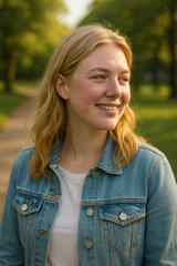 Young blonde woman smiling and walking in a park during golden hour