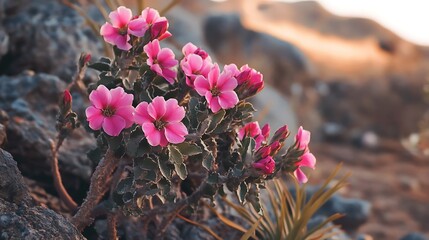 Desert Rose with vibrant pink blossoms in dry terrain