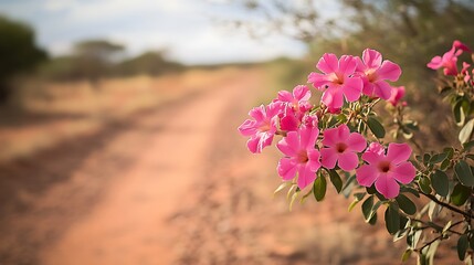 Desert Rose with vibrant pink blossoms in dry terrain