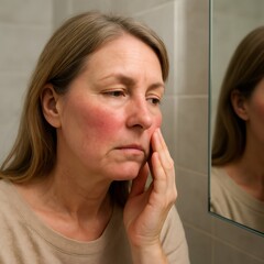 Mature woman touching face showing facial redness from allergy or infection
