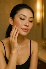 Beautiful asian woman touching her face in bathroom