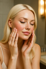 Beautiful blonde woman touching her face enjoying skincare routine