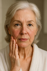 Senior woman touching face showing signs of aging and rosacea