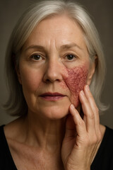 Senior woman touching face showing rosacea skin condition