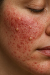 Woman suffering from papulopustular rosacea on face