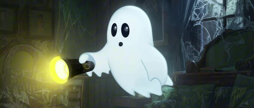 2:35:1 A ghost afraid of the dark, cartoon animation, glowing flashlight, comically tense moments, cozy haunted house setting