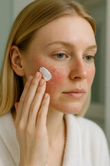 Woman applying cream on face suffering from rosacea skin condition