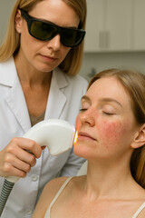 Dermatologist performing laser skin resurfacing treatment on patient with rosacea