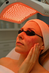 Woman undergoing red light therapy for facial skin rejuvenation
