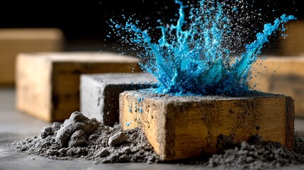 Blue powder explosion on bricks in industrial setting with high-speed photography capturing dramatic motion impact moment