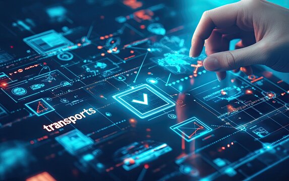 Hand interacting with a digital interface displaying transportation logistics and system data
