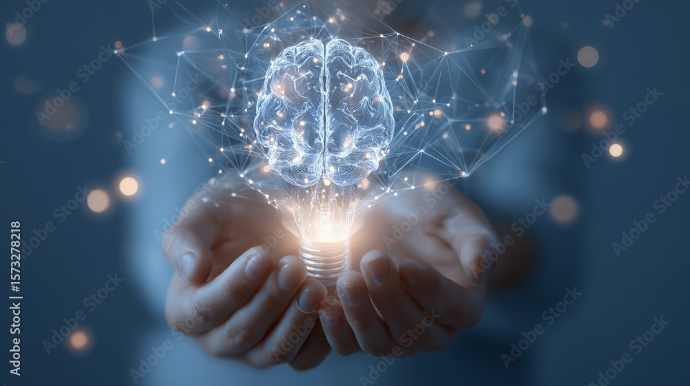 Poster advanced digital concept showing human hands cradling a luminous lightbulb containing a complex inte