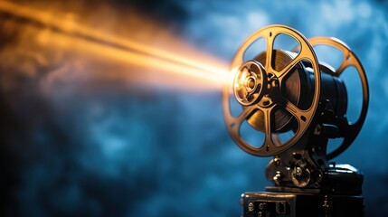 Film projector beams bright light on smokey, dark background