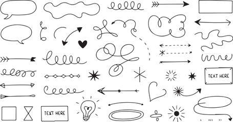 Silhouette of Hand-Drawn Doodle Arrows and Shapes Set with Sketch, Direction, and Abstract Symbols