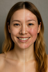 Woman showing skin before and after acne treatment