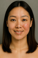 Young asian woman showing before and after cosmetic procedures